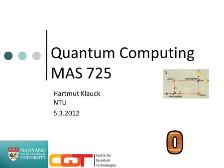 Quantum Computing MAS 725 Hartmut Klauck NTU 5.3.2012.