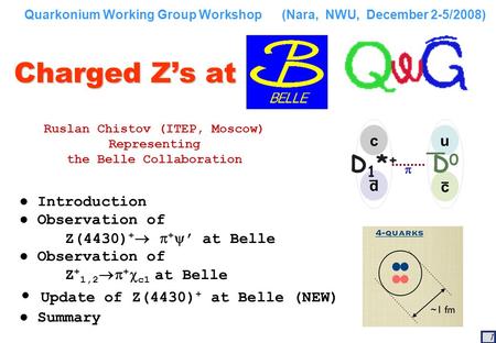 1 Charged Z’s at Ruslan Chistov (ITEP, Moscow) Representing the Belle Collaboration Quarkonium Working Group Workshop (Nara, NWU, December 2-5/2008) ●