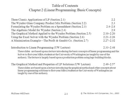 McGraw-Hill/Irwin © The McGraw-Hill Companies, Inc., 2003 2.1 Table of Contents Chapter 2 (Linear Programming: Basic Concepts) Three Classic Applications.