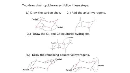 Two draw chair cyclohexanes, follow these steps: 1.) Draw the carbon chair.2.) Add the axial hydrogens. 3.) Draw the C1 and C4 equitorial hydrogens. 4.)