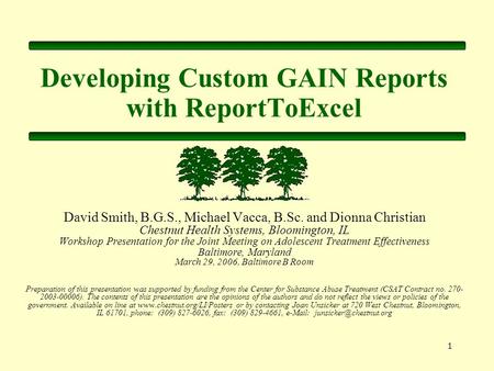 1 Developing Custom GAIN Reports with ReportToExcel David Smith, B.G.S., Michael Vacca, B.Sc. and Dionna Christian Chestnut Health Systems, Bloomington,
