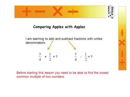 Comparing Apples with Apples I am learning to add and subtract fractions with unlike denominators. + = ?- = ? Before starting this lesson you need to be.
