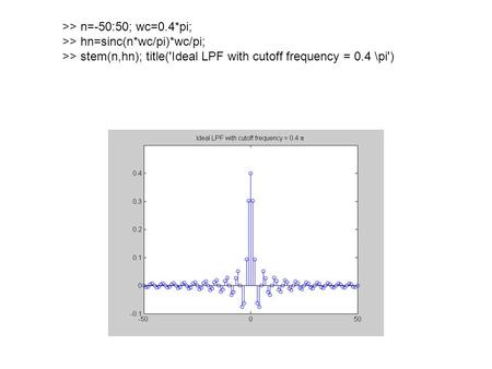 >> n=-50:50; wc=0.4*pi; >> hn=sinc(n*wc/pi)*wc/pi; >> stem(n,hn); title('Ideal LPF with cutoff frequency = 0.4 \pi')