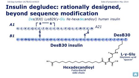 Job bag number: UK/TB/0214/0025 Date of preparation: May 2014 L-γ-Glu DesB30 insulin Glutamic acid ‘spacer’ DesB30 T T Des(B30) LysB29(γ-Glu Nε-hexadecandioyl)