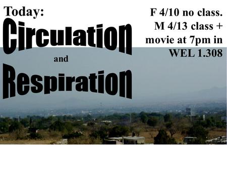 Today: and F 4/10 no class. M 4/13 class + movie at 7pm in WEL 1.308.