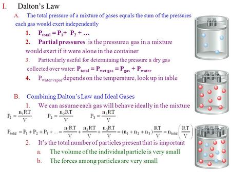 I.Dalton’s Law A.The total pressure of a mixture of gases equals the sum of the pressures each gas would exert independently 1.P total = P 1 + P 2 + …
