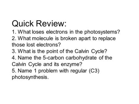 Quick Review: 1. What loses electrons in the photosystems? 2. What molecule is broken apart to replace those lost electrons? 3. What is the point of the.