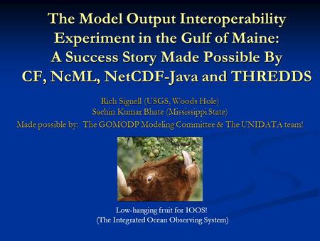 The Model Output Interoperability Experiment in the Gulf of Maine: A Success Story Made Possible By CF, NcML, NetCDF-Java and THREDDS Rich Signell (USGS,