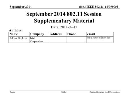 Doc.: IEEE 802.11-14/0999r3 Report September 2014 Adrian Stephens, Intel CorporationSlide 1 September 2014 802.11 Session Supplementary Material Date: