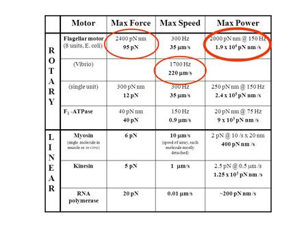 MotorMax ForceMax SpeedMax Power ROTARY ROTARY Flagellar motor (8 units, E. coli) 2400 pN nm 95 pN 300 Hz 35  m/s 2000 pN 150 Hz 1.9 x 10 6 pN nm.