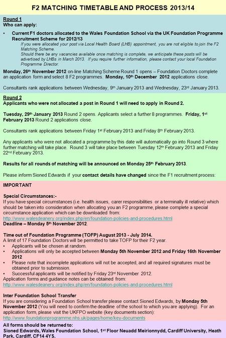 F2 MATCHING TIMETABLE AND PROCESS 2013/14 Round 1 Who can apply: Current F1 doctors allocated to the Wales Foundation School via the UK Foundation Programme.