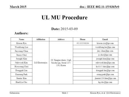 Doc.: IEEE 802.11-15/0365r0 Submission March 2015 Kiseon Ryu, et al. (LG Electronics)Slide 1 UL MU Procedure Date: 2015-03-09 Authors: NameAffiliationAddressPhoneEmail.