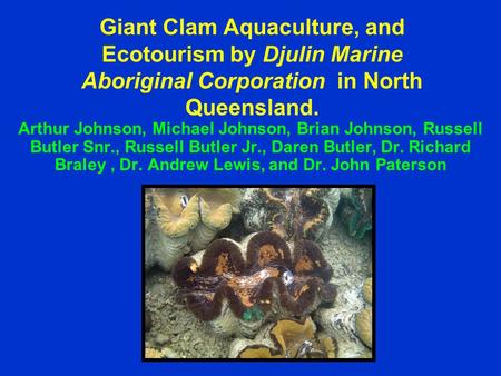Giant Clam Aquaculture, and Ecotourism by Djulin Marine Aboriginal Corporation in North Queensland. Arthur Johnson, Michael Johnson, Brian Johnson, Russell.