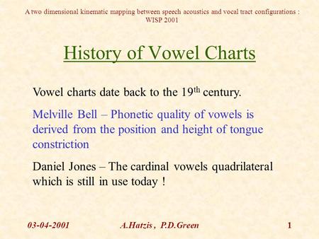 A two dimensional kinematic mapping between speech acoustics and vocal tract configurations : WISP 2001 03-04-2001A.Hatzis, P.D.Green1 History of Vowel.