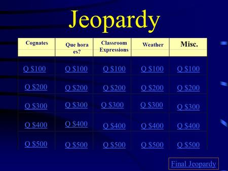 Jeopardy Cognates Que hora es? Classroom Expressions Weather Misc. Q $100 Q $200 Q $300 Q $400 Q $500 Q $100 Q $200 Q $300 Q $400 Q $500 Final Jeopardy.