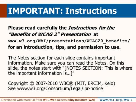 Developed with material from W3C Web Accessibility Initiative (WAI) www.w3.org/WAI/ IMPORTANT: Instructions Please read carefully the Instructions for.