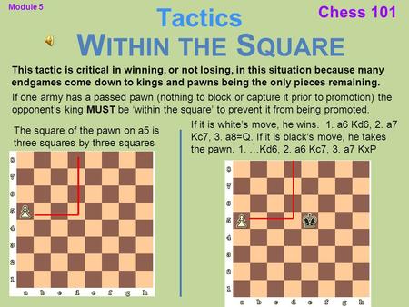 Chess 101 This tactic is critical in winning, or not losing, in this situation because many endgames come down to kings and pawns being the only pieces.