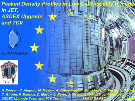 H. Weisen 1 21st IAEA FEC, Chengdu 2006 Peaked Density Profiles in Low Collisionality H-modes in JET, ASDEX Upgrade and TCV H. Weisen, C. Angioni, M. Maslov,