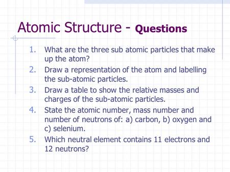 Atomic Structure - Questions 1. What are the three sub atomic particles that make up the atom? 2. Draw a representation of the atom and labelling the sub-atomic.
