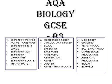 AQA Biology GCSE - B3 1.Exchange of Materials ACTIVE TRANSPORT Exchange of gas in LUNGS Exchange in GUT Exchange in ORGANISMS Exchange in PLANTS TRANSPIRATION.