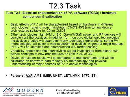 Project Review Meeting Crolles, June 22, 2009 1 T2.3 Task Task T2.3: Electrical characterization of PV, software (TCAD) / hardware comparison & calibration.