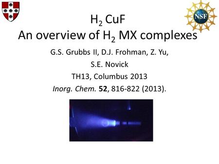 H 2 CuF An overview of H 2 MX complexes G.S. Grubbs II, D.J. Frohman, Z. Yu, S.E. Novick TH13, Columbus 2013 Inorg. Chem. 52, 816-822 (2013).