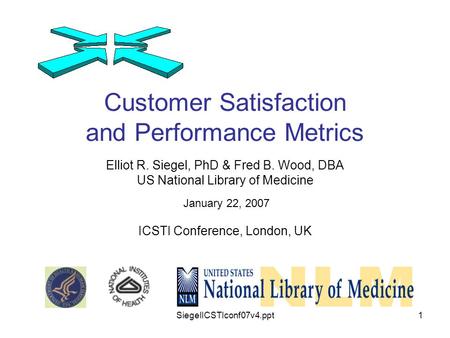 SiegelICSTIconf07v4.ppt1 Customer Satisfaction and Performance Metrics Elliot R. Siegel, PhD & Fred B. Wood, DBA US National Library of Medicine January.