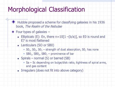 Morphological Classification Hubble proposed a scheme for classifying galaxies in his 1936 book, The Realm of the Nebulae Four types of galaxies – Ellipticals.