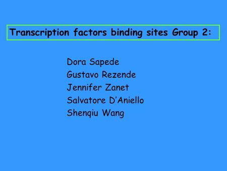 Transcription factors binding sites Group 2: Dora Sapede Gustavo Rezende Jennifer Zanet Salvatore D’Aniello Shenqiu Wang.