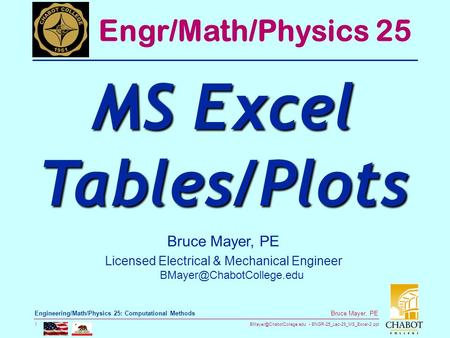 ENGR-25_Lec-29_MS_Excel-2.ppt 1 Bruce Mayer, PE Engineering/Math/Physics 25: Computational Methods Bruce Mayer, PE Licensed Electrical.
