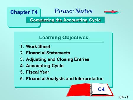 C4 - 1 Learning Objectives Power Notes Completing the Accounting Cycle Completing the Accounting Cycle 1.Work Sheet 2.Financial Statements 3.Adjusting.