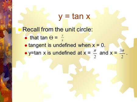 Y = tan x  Recall from the unit circle:  that tan  =  tangent is undefined when x = 0.  y=tan x is undefined at x = and x =.