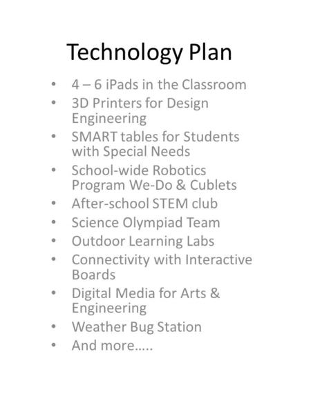 Technology Plan 4 – 6 iPads in the Classroom 3D Printers for Design Engineering SMART tables for Students with Special Needs School-wide Robotics Program.