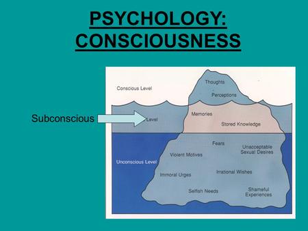 PSYCHOLOGY: CONSCIOUSNESS Subconscious. Consciousness is the awareness of or the possibility of knowing what is happening inside or outside the organism.