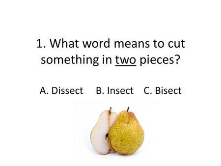 1. What word means to cut something in two pieces? A. Dissect B. Insect C. Bisect.