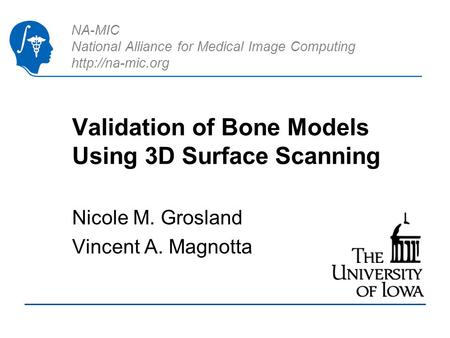 NA-MIC National Alliance for Medical Image Computing  Validation of Bone Models Using 3D Surface Scanning Nicole M. Grosland Vincent A.
