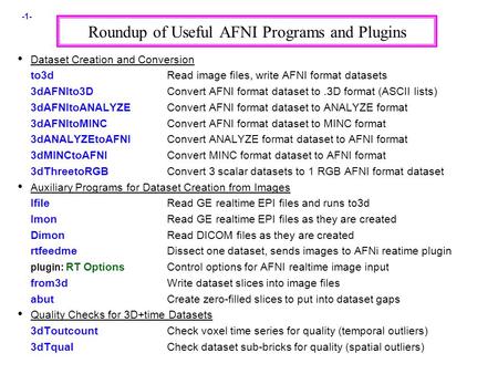 -1- Roundup of Useful AFNI Programs and Plugins Dataset Creation and Conversion to3dRead image files, write AFNI format datasets 3dAFNIto3DConvert AFNI.