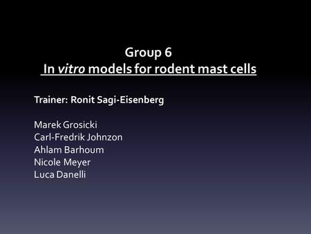 Group 6 In vitro models for rodent mast cells Trainer: Ronit Sagi-Eisenberg Marek Grosicki Carl-Fredrik Johnzon Ahlam Barhoum Nicole Meyer Luca Danelli.