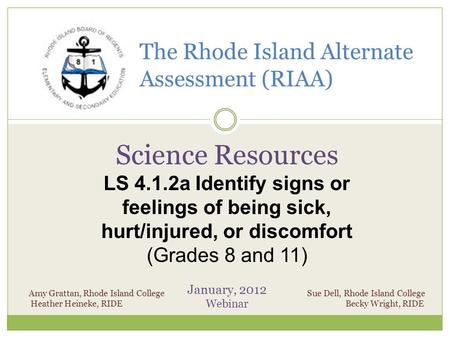 The Rhode Island Alternate Assessment (RIAA) Science Resources LS 4.1.2a Identify signs or feelings of being sick, hurt/injured, or discomfort (Grades.