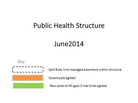 Public Health Structure June2014 Key: Split Role: Line managed elsewhere within structure Vacant post agreed New posts to fill gaps 3 wte to be agreed.
