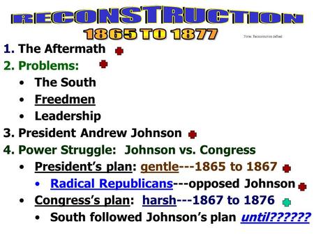 1. The Aftermath 2. Problems: The South Freedmen Leadership 3. President Andrew Johnson 4. Power Struggle: Johnson vs. Congress President’s plan: gentle---1865.