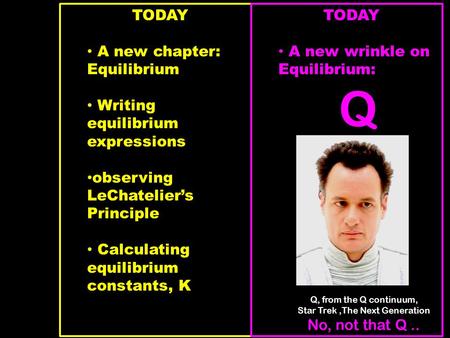 TODAY A new chapter: Equilibrium Writing equilibrium expressions observing LeChatelier’s Principle Calculating equilibrium constants, K TODAY A new wrinkle.