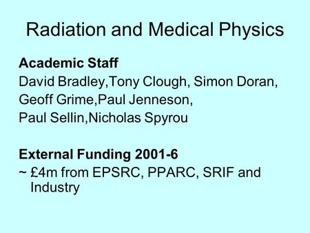 Radiation and Medical Physics Academic Staff David Bradley,Tony Clough, Simon Doran, Geoff Grime,Paul Jenneson, Paul Sellin,Nicholas Spyrou External Funding.