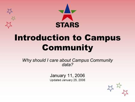 Introduction to Campus Community Why should I care about Campus Community data? January 11, 2006 Updated January 25, 2006.