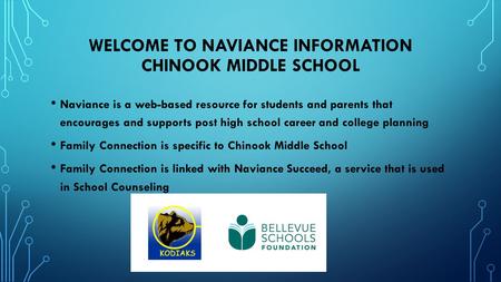 WELCOME TO NAVIANCE INFORMATION CHINOOK MIDDLE SCHOOL Naviance is a web-based resource for students and parents that encourages and supports post high.