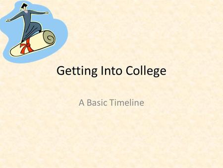Getting Into College A Basic Timeline. Things to Consider when Choosing a College GPA SAT/ ACT Scores Major Geographic location Size.