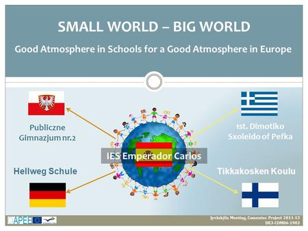 Jyväskÿla Meeting, Comenius Project 2011-13 DE3-COM06-1903 SMALL WORLD – BIG WORLD Good Atmosphere in Schools for a Good Atmosphere in Europe Tikkakosken.