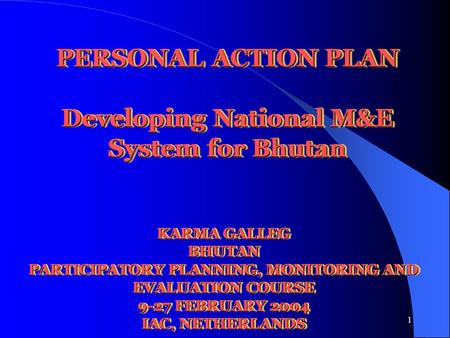 1 PERSONAL ACTION PLAN Developing National M&E System for Bhutan KARMA GALLEG BHUTAN PARTICIPATORY PLANNING, MONITORING AND EVALUATION COURSE 9-27 FEBRUARY.