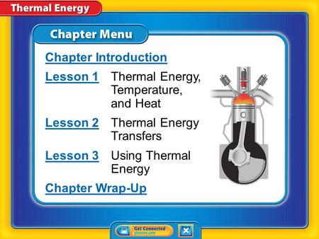Chapter Menu Chapter Introduction Lesson 1Lesson 1Thermal Energy, Temperature, and Heat Lesson 2Lesson 2Thermal Energy Transfers Lesson 3Lesson 3Using.
