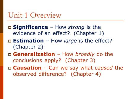 Unit 1 Overview  Significance – How strong is the evidence of an effect? (Chapter 1)  Estimation – How large is the effect? (Chapter 2)  Generalization.